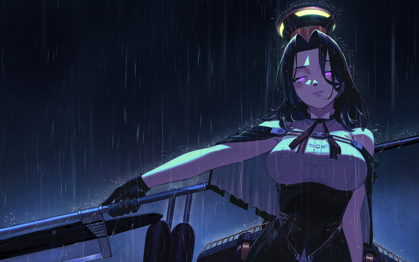 1girl bangs bare_shoulders black_gloves breasts capelet closed_mouth commentary_request dark_sky glaive gloves glowing glowing_eyes hair_intakes highres holding holding_weapon kantai_collection large_breasts lips mechanical_halo night outdoors parted_bangs purple_hair rain remodel_(kantai_collection) ribbon rigging short_hair sleeveless solo standing tatsuta_(kantai_collection) upper_body violet_eyes wavy_hair weapon wet yue_(tada_no_saboten)