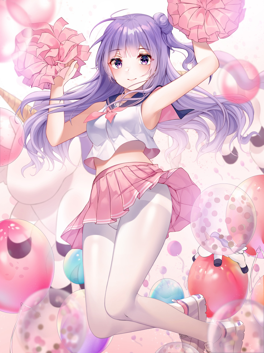 1girl absurdres armpits arms_up azur_lane balloon bare_arms bare_shoulders blurry breasts cheerleader closed_mouth crop_top crop_top_overhang floating_hair foka_(beginner) hair_bun highres holding_pom_poms long_hair looking_at_viewer medium_breasts midriff miniskirt neckerchief pantyhose pink_skirt pleated_skirt pom_poms purple_hair sailor_collar shirt shoes side_bun simple_background skirt sleeveless sleeveless_shirt smile sneakers solo stuffed_alicorn thighband_pantyhose unicorn_(azur_lane) violet_eyes white_background white_legwear white_shirt