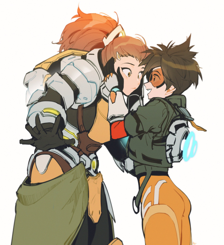 absurdres armor ass brigitte_(overwatch) brown_eyes brown_hair eye_contact gloves goggles hands_on_another's_cheeks hands_on_another's_face highres jacket korean_commentary looking_at_another maro_(lij512) open_hands open_mouth overwatch overwatch_2 ponytail power_armor short_hair simple_background smile standing tracer_(overwatch) white_background