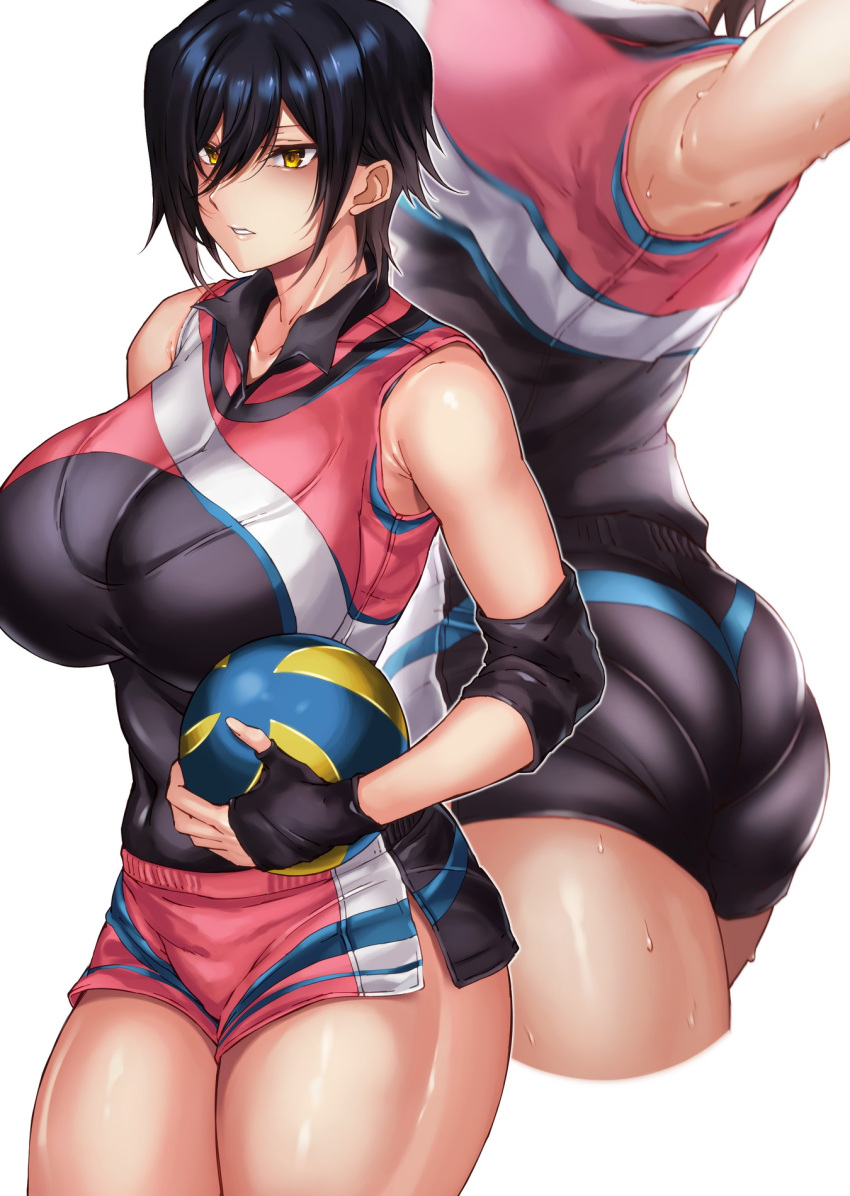 1girl armpits ass ball bangs bare_shoulders black_hair bralines breasts collared_shirt commentary_request elbow_sleeve fingerless_gloves gloves hair_between_eyes highres hikari_(komitiookami) holding holding_ball large_breasts multicolored multicolored_clothes multicolored_shirt multicolored_shorts original pantylines parted_lips shiny shiny_skin shirt short_hair short_shorts shorts sleeveless sportswear sweat thick_thighs thighs volleyball volleyball_uniform yellow_eyes