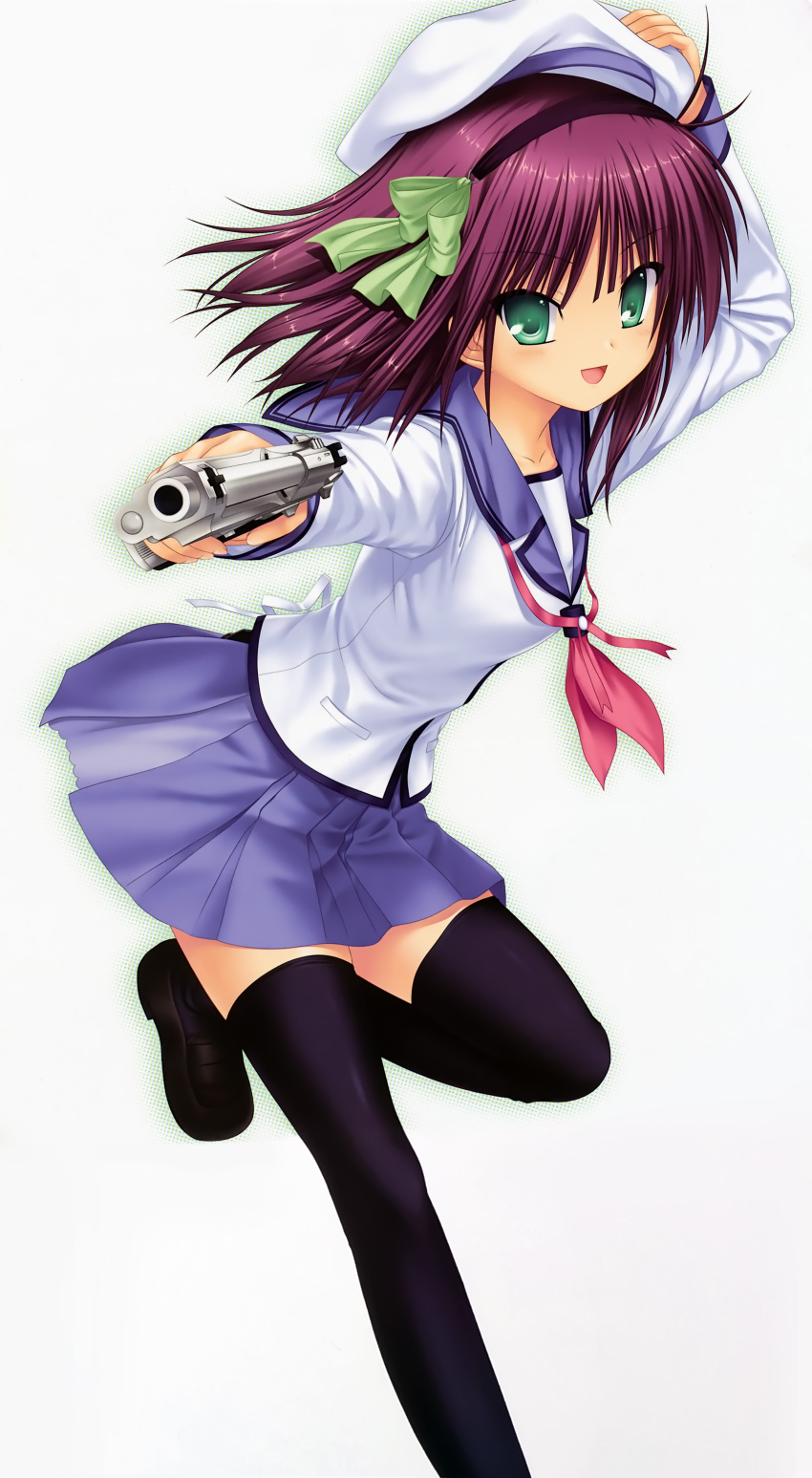 1girl :d absurdres angel_beats! arm_up bangs black_footwear black_hairband black_legwear bow collarbone eyebrows_visible_through_hair firing_at_viewer floating_hair full_body green_bow green_eyes gun hair_between_eyes hair_bow hairband hand_on_headwear hat highres holding holding_gun holding_weapon loafers long_hair long_sleeves miniskirt na-ga open_mouth outstretched_arm pink_neckwear pleated_skirt purple_hair purple_sailor_collar purple_skirt sailor_collar sailor_shirt school_uniform shiny shiny_hair shirt shoes simple_background skirt smile solo standing standing_on_one_leg thigh-highs weapon white_background white_headwear white_shirt yuri_(angel_beats!) zettai_ryouiki