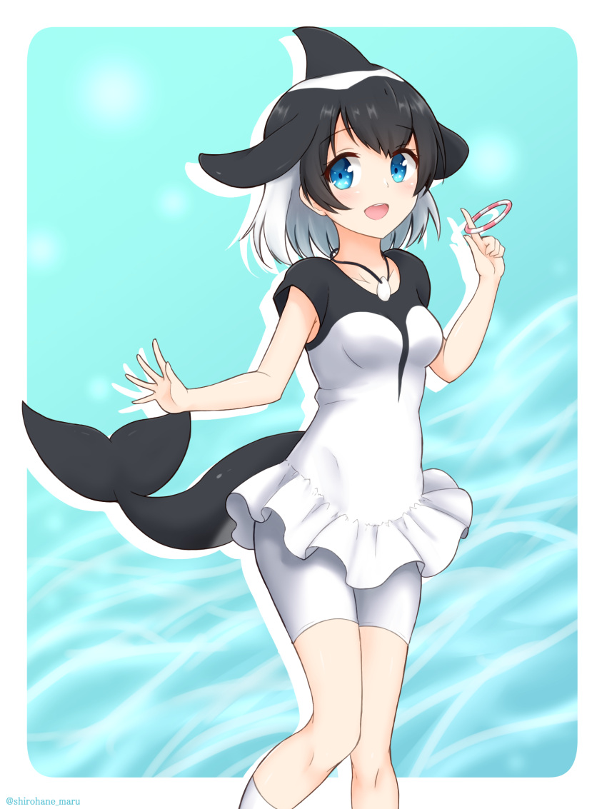1girl :d bangs bike_shorts black_hair blue_eyes commentary commerson's_dolphin_(kemono_friends) dolphin_tail dress eyebrows_visible_through_hair feet_out_of_frame fins hand_up highres hoop jewelry kemono_friends looking_at_viewer multicolored_hair open_mouth pendant shiraha_maru short_hair sleeveless sleeveless_dress smile solo two-tone_hair waving white_hair