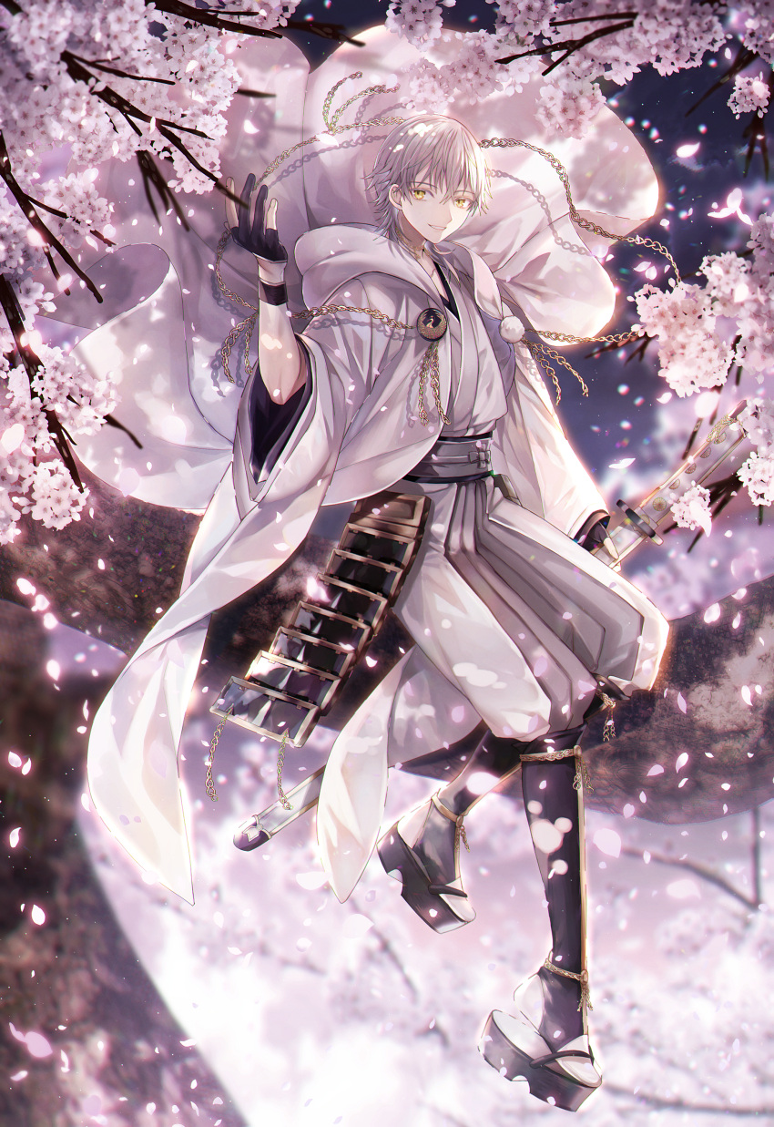 1boy abandon_ranka absurdres armor black_gloves chain cherry_blossoms gloves highres hood in_tree japanese_armor japanese_clothes katana male_focus partly_fingerless_gloves petals pom_pom_(clothes) sandals sheath sheathed sitting smile sword tabi touken_ranbu tree tsurumaru_kuninaga weapon white_hair yellow_eyes