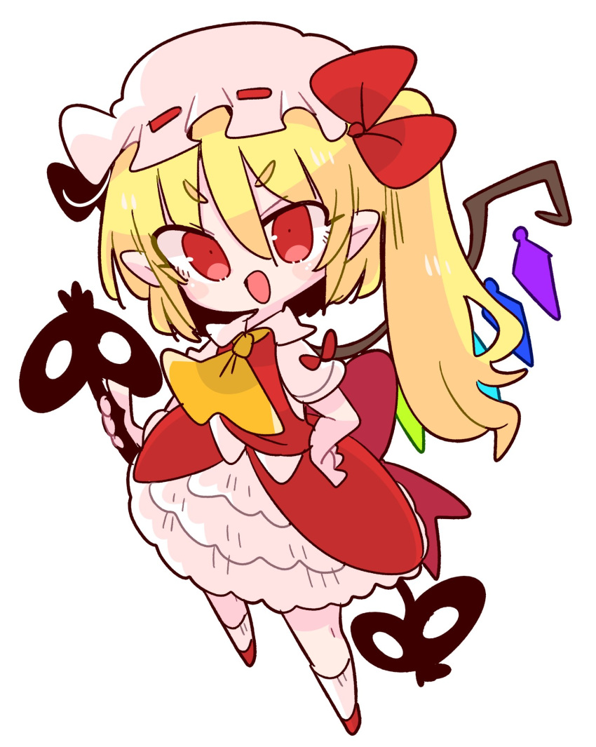 1girl ascot blonde_hair bow crystal fang flandre_scarlet frilled_shirt frilled_shirt_collar frilled_skirt frilled_sleeves frills hat hat_ribbon highres medium_hair mob_cap one_side_up op_na_yarou puffy_short_sleeves puffy_sleeves red_bow red_eyes red_ribbon red_skirt red_vest ribbon shirt short_sleeves simple_background skirt solo touhou vest white_background white_shirt wings yellow_neckwear