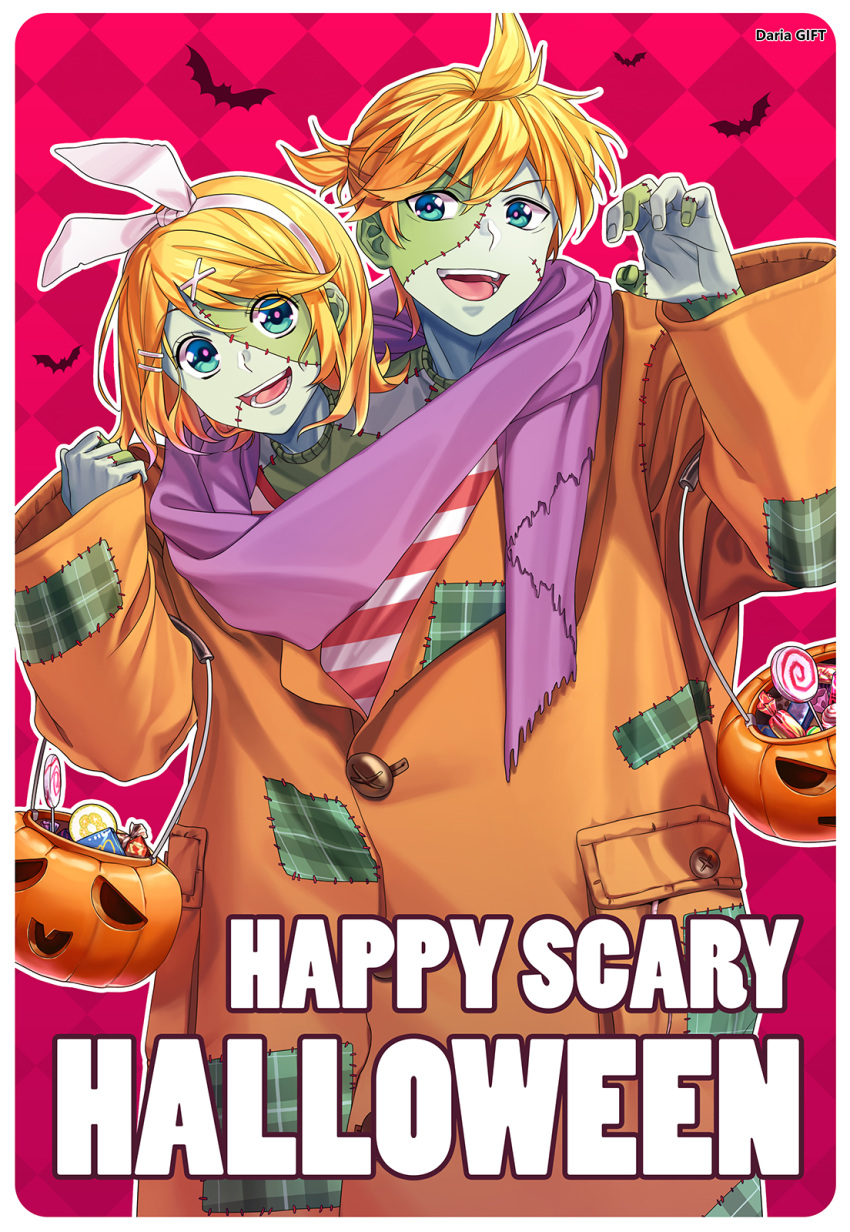 1boy 1girl bat blonde_hair blue_eyes bucket candy checkered checkered_background claw_pose coat commentary cosplay dariagiftstuff english_commentary english_text food frankenstein's_monster frankenstein's_monster_(cosplay) green_skin halloween hand_up happy_halloween highres jack-o'-lantern kagamine_len kagamine_rin lollipop looking_at_viewer open_mouth orange_coat plaid poster_(object) scarf shirt siblings smile stitched_face stitched_fingers stitches striped striped_shirt twins v-shaped_eyebrows vocaloid