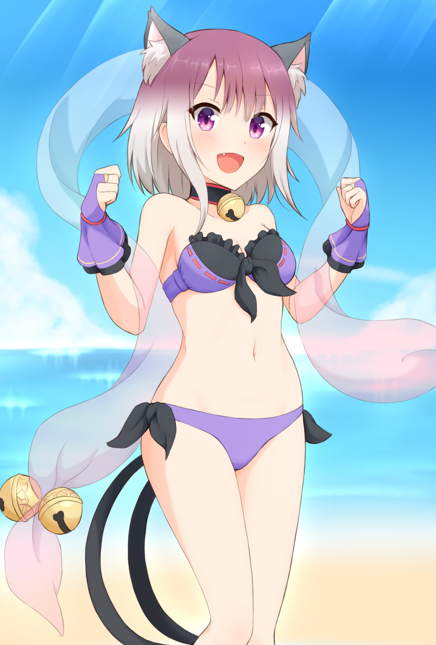 1girl :d animal_ear_fluff animal_ears bare_shoulders beach bell bell_choker bikini breasts bridal_gauntlets cat_ears cat_girl cat_tail choker clenched_hands commentary extra_ears fang front-tie_bikini front-tie_top gloves gradient_hair hands_up highres jingle_bell looking_at_viewer medium_breasts miyasaka_tamaki multicolored_hair multiple_tails navel open_mouth princess_connect! purple_bikini purple_gloves purple_hair shawl shiraha_maru short_hair side-tie_bikini smile solo stomach swimsuit tail two_tails violet_eyes