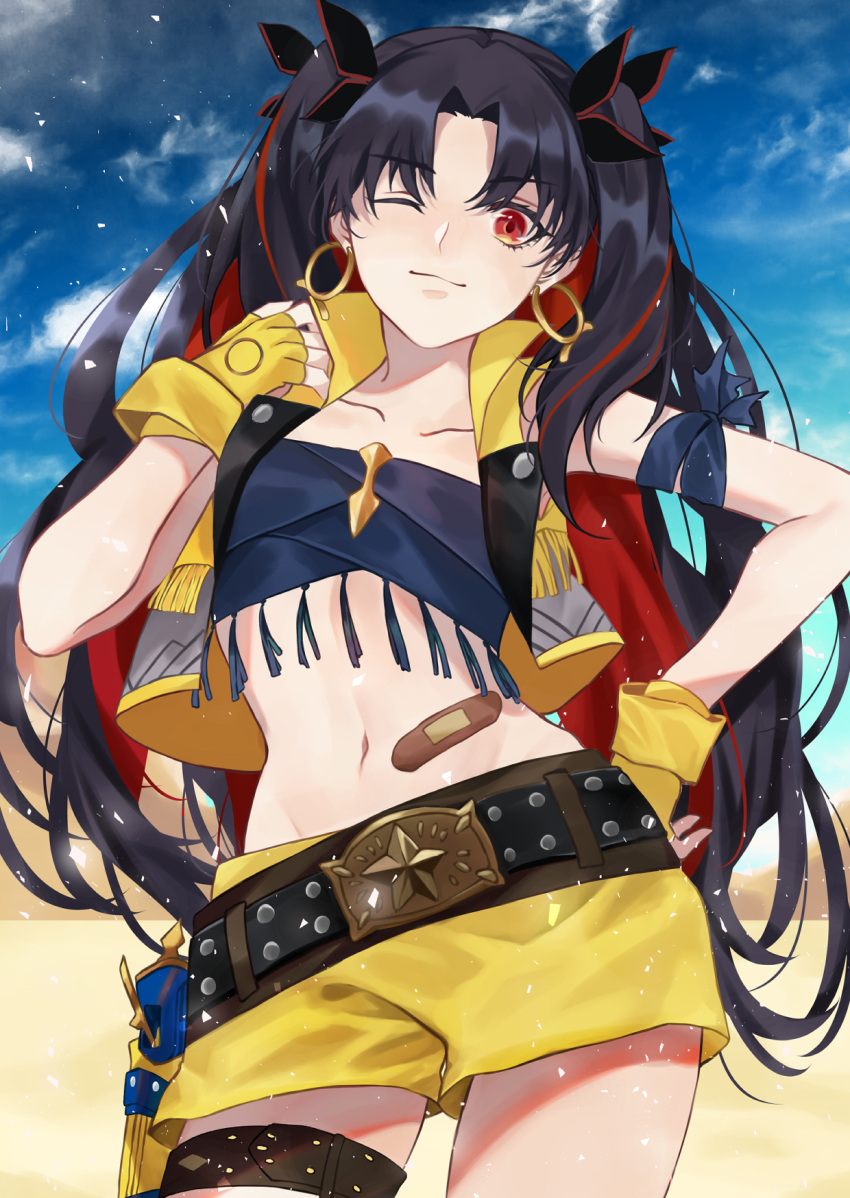 1girl bandaid_on_stomach bandeau bangs bare_shoulders belt black_belt black_hair black_ribbon blue_sky blush breasts closed_mouth collarbone cropped_vest earrings fate/grand_order fate_(series) fingerless_gloves fringe_trim gloves gun hair_ribbon highres holster hoop_earrings jewelry karen_ngao long_hair looking_at_viewer multicolored_hair navel one_eye_closed parted_bangs red_eyes redhead ribbon shorts sky small_breasts smile solo space_ishtar_(fate) thighs two-tone_hair two_side_up vest weapon yellow_gloves yellow_shorts yellow_vest