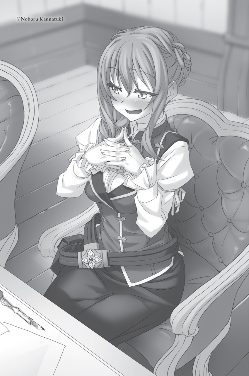 1girl artist_name bangs blush braid dress_shirt eyebrows_visible_through_hair goblin_slayer! greyscale guild_girl_(goblin_slayer!) hair_between_eyes highres kannatsuki_noboru long_hair long_sleeves looking_away monochrome novel_illustration official_art open_mouth pencil pencil_skirt shirt sitting skirt solo wavy_mouth