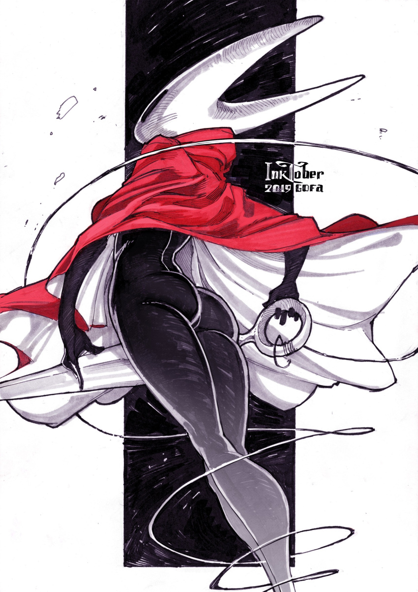 1girl 2019 absurdres ass black_skin blade cloak eye_socket from_behind gofa highres holding holding_weapon hollow_eyes hollow_knight hornet_(hollow_knight) inktober legs_together marker_(medium) red_cloak solo string traditional_media weapon white_helmet wind wind_lift