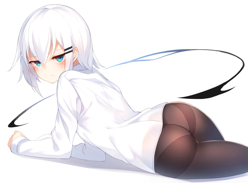 1girl :t arm_support ass blob blue_eyes blush commentary highres looking_at_viewer lying on_stomach original otokuyou panties panties_under_pantyhose pantyhose ringo-chan_(otokuyou) short_hair solo thighband_pantyhose underwear white_background white_panties