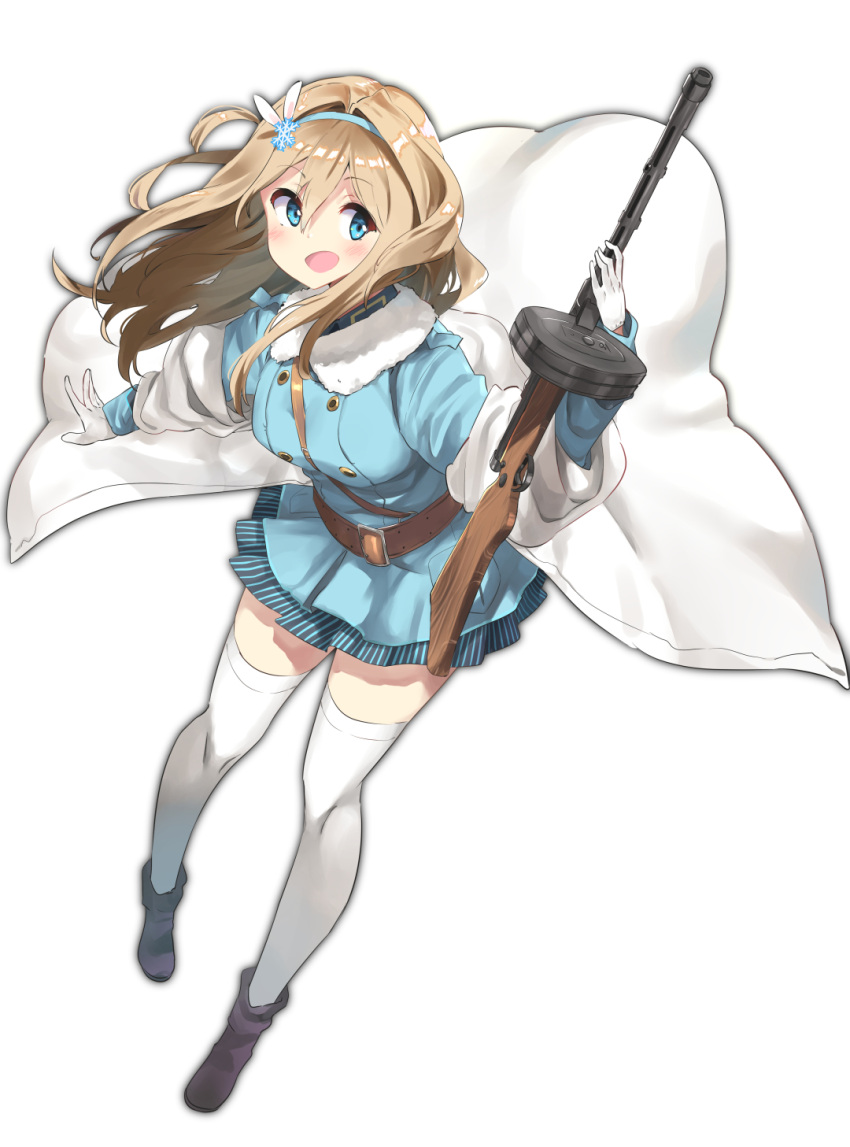 1girl bangs belt belt_buckle blonde_hair blue_eyes blue_hairband blush boots breasts buckle coat electriccross eyebrows_visible_through_hair full_body girls_frontline gloves gun hair_between_eyes hair_ornament hairband highres holding holding_gun holding_weapon long_hair long_sleeves looking_at_viewer medium_breasts open_mouth simple_background skirt smile snowflake_hair_ornament solo standing submachine_gun suomi_kp/-31 suomi_kp31_(girls_frontline) thigh-highs weapon white_background white_gloves white_legwear