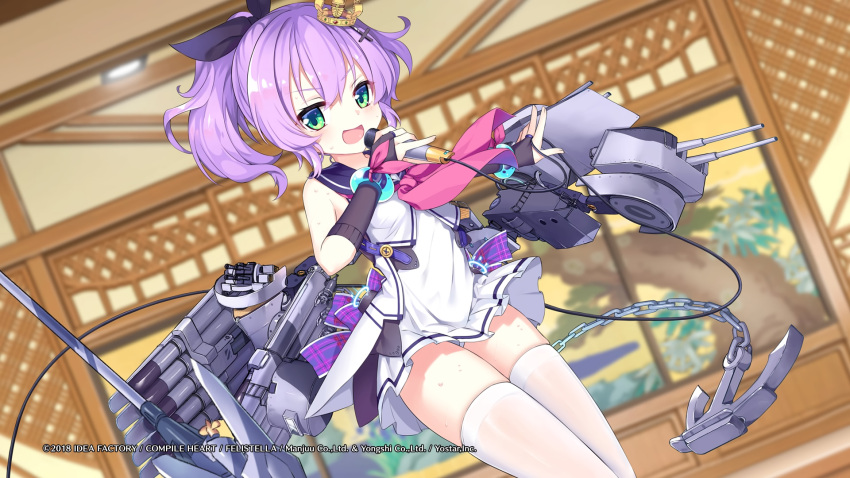 1girl azur_lane bangs bare_shoulders blush breasts compile_heart crown eyebrows_visible_through_hair gloves green_eyes hair_between_eyes hair_ornament hair_ribbon highres holding holding_microphone idea_factory javelin_(azur_lane) long_hair looking_at_viewer microphone mini_crown music official_art open_mouth panties ponytail purple_hair ribbon school_uniform singing skirt skirt_lift smile solo thigh-highs underwear