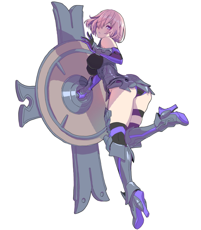 1girl absurdres armor armored_boots armored_dress boots fate/grand_order fate_(series) hair_over_one_eye head_tilt highres leg_lift looking_at_viewer looking_back mash_kyrielight open_mouth pink_eyes pink_hair shield short_hair simple_background solo thigh-highs thigh_boots white_background yamashita_shun'ya