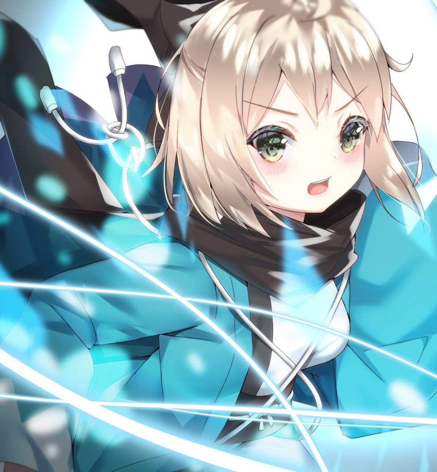 1girl black_ribbon black_scarf blonde_hair blush breasts dera_ix fate/grand_order fate_(series) green_eyes hair_ribbon haori highres japanese_clothes koha-ace looking_at_viewer medium_breasts obi okita_souji_(fate) okita_souji_(fate)_(all) open_mouth ribbon sash scarf short_hair solo