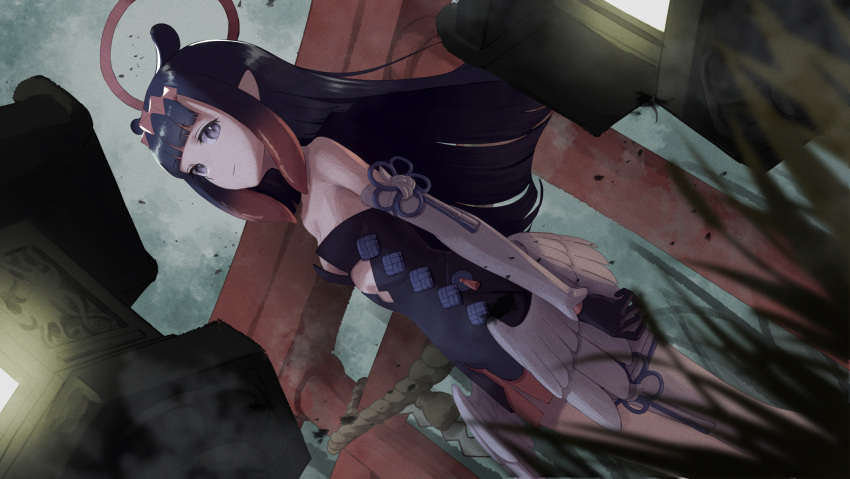 1girl arimoto_wataru bangs bare_shoulders black_dress black_gloves blue_eyes blunt_bangs blurry blurry_foreground closed_mouth commentary depth_of_field dress dutch_angle eyebrows_visible_through_hair gloves grass hair_ornament halo highres hololive hololive_english long_hair looking_at_viewer multicolored_hair ninomae_ina'nis orange_hair outdoors purple_hair smile solo standing straight_hair strapless strapless_dress tentacle_hair tentacles torii two-tone_hair virtual_youtuber wind