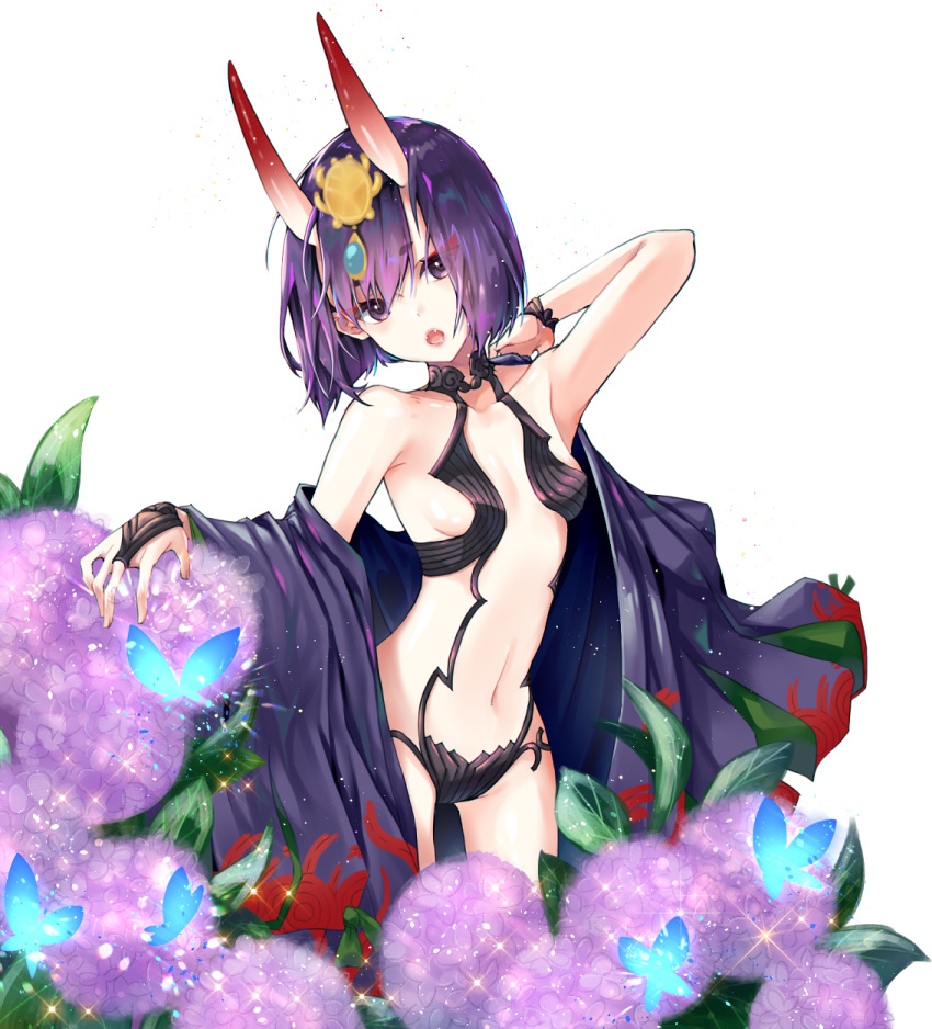 1girl bangs bare_shoulders blush bob_cut breasts bridal_gauntlets bug butterfly collarbone eyeliner fangs fate/grand_order fate_(series) flower headpiece highres horns insect japanese_clothes kimono long_sleeves looking_at_viewer makeup navel off_shoulder oni oni_horns open_clothes open_kimono open_mouth purple_hair purple_kimono rabycia revealing_clothes short_eyebrows short_hair shuten_douji_(fate/grand_order) simple_background small_breasts solo sparkle thighs violet_eyes white_background wide_sleeves