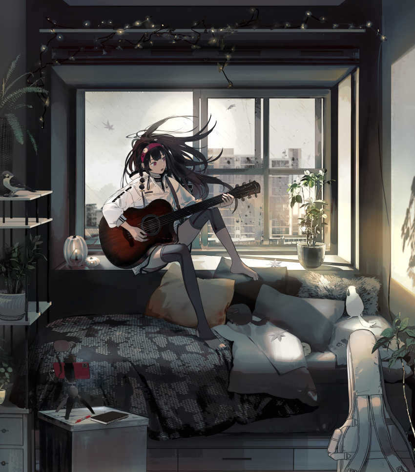 1girl absurdres bed bedroom bird black_hair brown_hair candle cellphone eyebrows_visible_through_hair guitar guitar_case hairband highres holding holding_instrument holding_plectrum hood hoodie indoors instrument instrument_case kukka leaf long_hair looking_away mouse multicolored_hair notebook open_mouth original pen phone pillow plant plectrum potted_plant rain red_nails shelf sitting smartphone solo teeth very_long_hair window