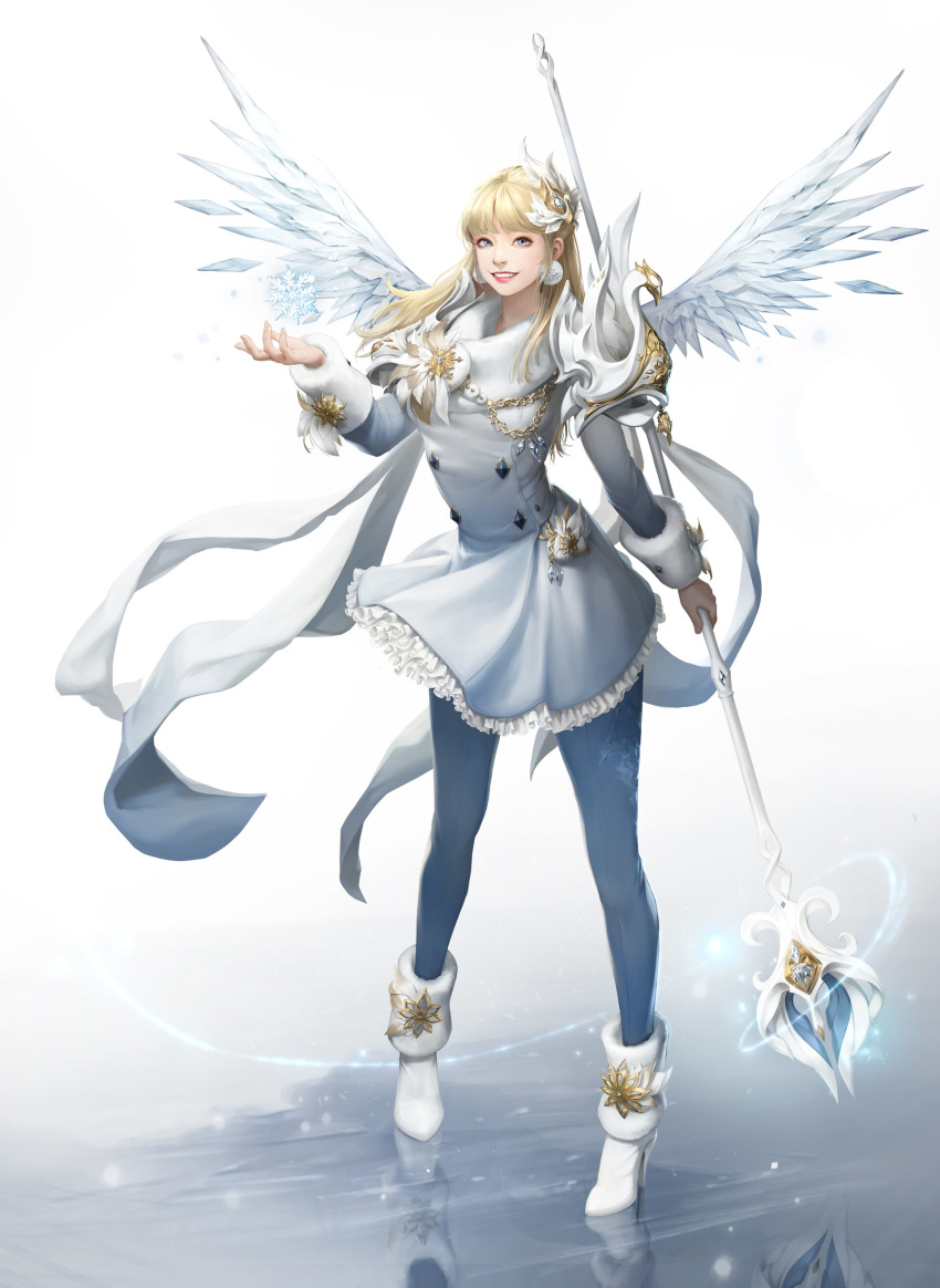 1girl absurdres blonde_hair blue_eyes blue_legwear coat earrings full_body hair_ornament highres holding holding_staff jewelry lizchiefffff long_hair looking_at_viewer original pantyhose reflection simple_background smile snowflakes solo staff standing white_footwear white_wings wings