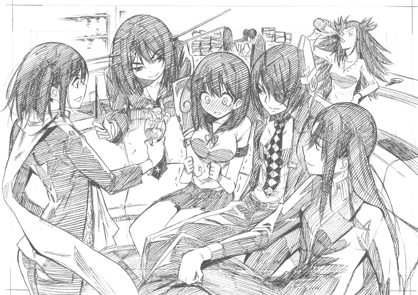 6+girls absurdres akagi_(kantai_collection) alternate_costume blouse breasts drunk elbow_rest embarrassed from_behind graphite_(medium) greyscale hair_between_eyes hair_ornament highres jun'you_(kantai_collection) kaga_(kantai_collection) kantai_collection kojima_takeshi large_breasts long_hair looking_at_another looking_down maya_(kantai_collection) miniskirt monochrome multiple_girls nachi_(kantai_collection) open_mouth pleated_skirt scarf sendai_(kantai_collection) side_ponytail sitting sketch skirt tenryuu_(kantai_collection) traditional_media trembling tuxedo ushio_(kantai_collection) x_hair_ornament
