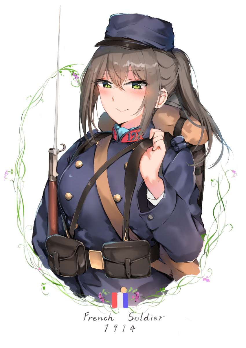 1girl absurdres bayonet belt_buckle blush breasts brown_hair buckle france french_flag green_eyes gun high_ponytail highres kepi large_breasts load_bearing_equipment looking_at_viewer military military_uniform musket original plant ponytail pouch simple_background smile soldier solo susano_o uniform upper_body vines weapon white_background world_war_i