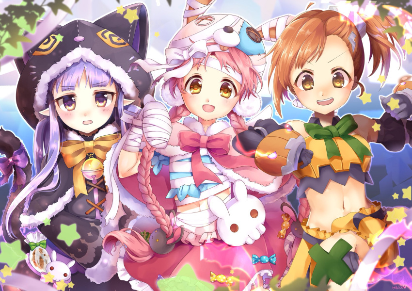 3girls :d akane_mimi animal_ears animal_hat animal_hood bandaged_arm bandaged_hands bandages bangs black_capelet black_gloves black_jacket black_skirt blush bow braid brown_bow brown_eyes brown_hair bunny_hair_ornament bunny_hat capelet cat_ears cat_girl cat_hood cat_tail commentary_request crop_top earmuffs eyebrows_visible_through_hair fake_animal_ears fur-trimmed_capelet fur-trimmed_hood fur-trimmed_sleeves fur_trim girl_sandwich gloves green_bow hair_ornament hat highres hikawa_kyoka hodaka_misogi hood hood_up hooded_capelet jacket lightning_bolt lightning_bolt_hair_ornament long_hair long_sleeves midriff multiple_girls navel open_mouth orange_shorts pink_capelet pink_hair pink_headwear princess_connect! princess_connect!_re:dive puffy_shorts purple_bow purple_hair rabbit_ears rokico sandwiched short_shorts shorts side_ponytail skirt smile standing standing_on_one_leg star tail tail_bow tail_raised twin_braids twintails upper_teeth very_long_hair