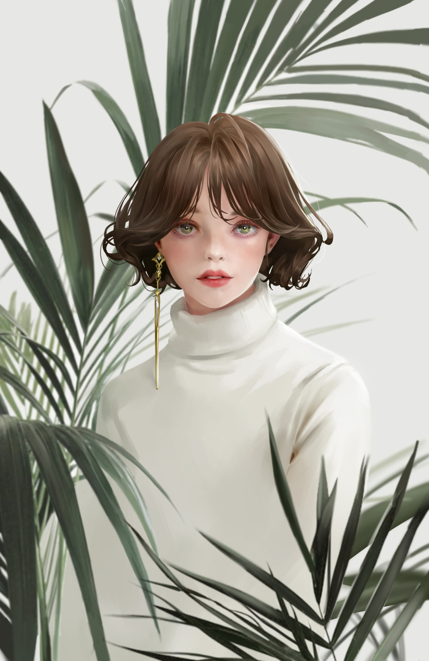 1girl absurdres bangs blush brown_hair earrings green_eyes highres jewelry lipstick lizchiefffff looking_at_viewer makeup original parted_lips short_hair solo sweater turtleneck turtleneck_sweater upper_body white_sweater