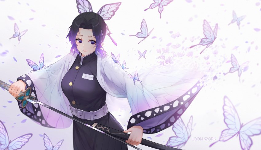 1girl animal bangs black_hair black_jacket black_pants blush breasts bug butterfly butterfly_hair_ornament closed_mouth commentary_request forehead gradient_hair hair_ornament highres holding holding_sheath holding_sword holding_weapon insect jacket katana kimetsu_no_yaiba kochou_shinobu long_sleeves medium_breasts multicolored_hair oo92248226 open_clothes pants parted_bangs purple_hair sheath smile solo sword unsheathed violet_eyes weapon wide_sleeves