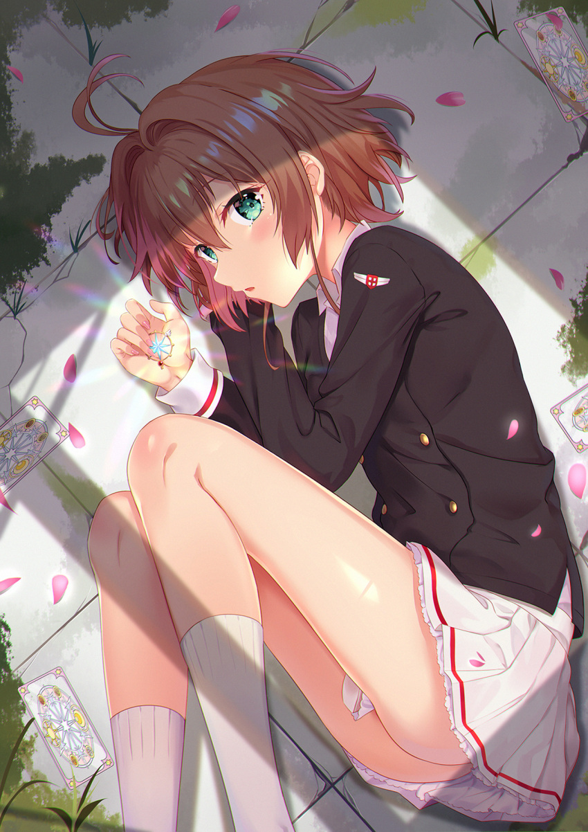 1girl antenna_hair black_jacket brown_hair cardcaptor_sakura collared_shirt eyebrows_visible_through_hair from_above green_eyes hair_between_eyes hair_intakes highres jacket kinomoto_sakura long_sleeves looking_at_viewer lying miniskirt on_side open_mouth pleated_skirt school_uniform shiny shiny_hair shirt short_hair skirt solo white_legwear white_shirt white_skirt wing_collar yongheng_zhi_wu