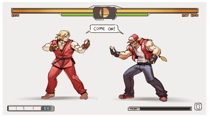 2boys absurdres barefoot baseball_cap blonde_hair brown_gloves capcom_vs_snk denim dougi fatal_fury fighting_game fighting_stance gloves grey_background hat highres jeans ken_masters long_hair male_focus multiple_boys nin_nakajima nintendo pants ponytail red_vest shirt simple_background smash_ball snk sora_(company) street_fighter super_smash_bros. terry_bogard vest white_shirt