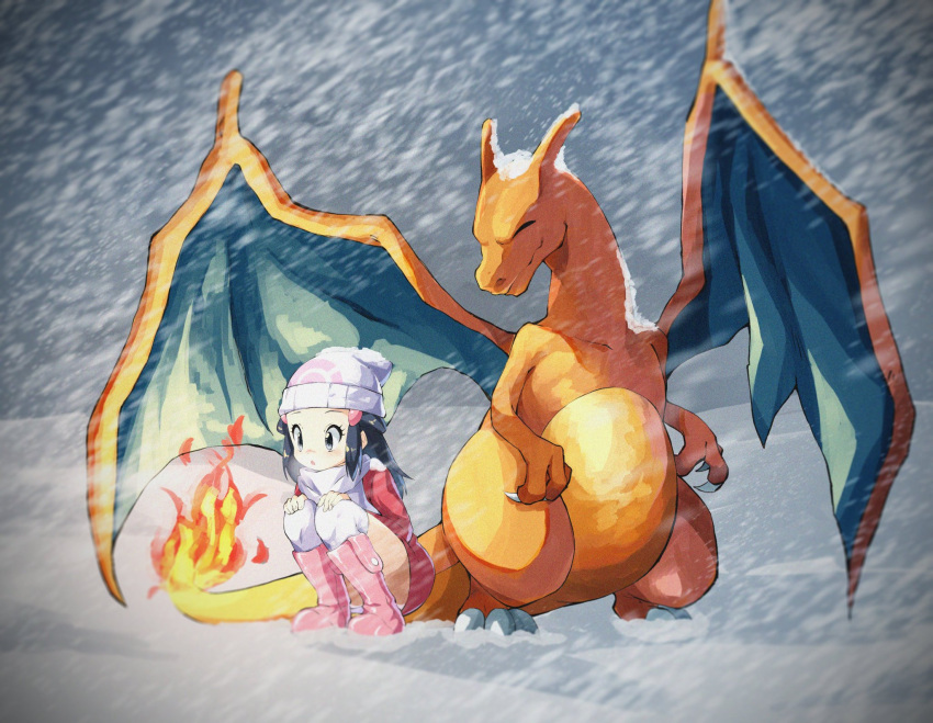1girl beanie black_hair boots charizard coat commentary_request fire flame hair_ornament hairclip hat highres hikari_(pokemon) long_hair looking_down outdoors over-kneehighs pink_footwear pokemon pokemon_(creature) pokemon_(game) pokemon_dppt pokemon_platinum red_coat scarf sidelocks sireia_round snow snowing squatting thigh-highs white_headwear white_legwear white_scarf