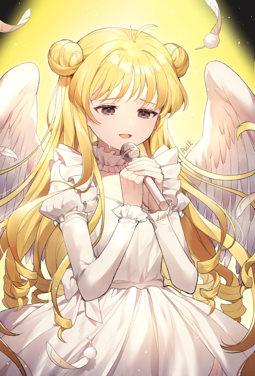 1girl :d antenna_hair artist_name azit_(down) bangs blonde_hair blush brown_eyes commentary crying crying_with_eyes_open double_bun dress english_commentary eyebrows_visible_through_hair feathered_wings feathers full_moon_(full_moon_wo_sagashite) full_moon_wo_sagashite hands_up highres holding holding_microphone juliet_sleeves long_hair long_sleeves microphone open_mouth puffy_sleeves ringlets signature smile solo tears very_long_hair white_dress white_feathers white_wings wings