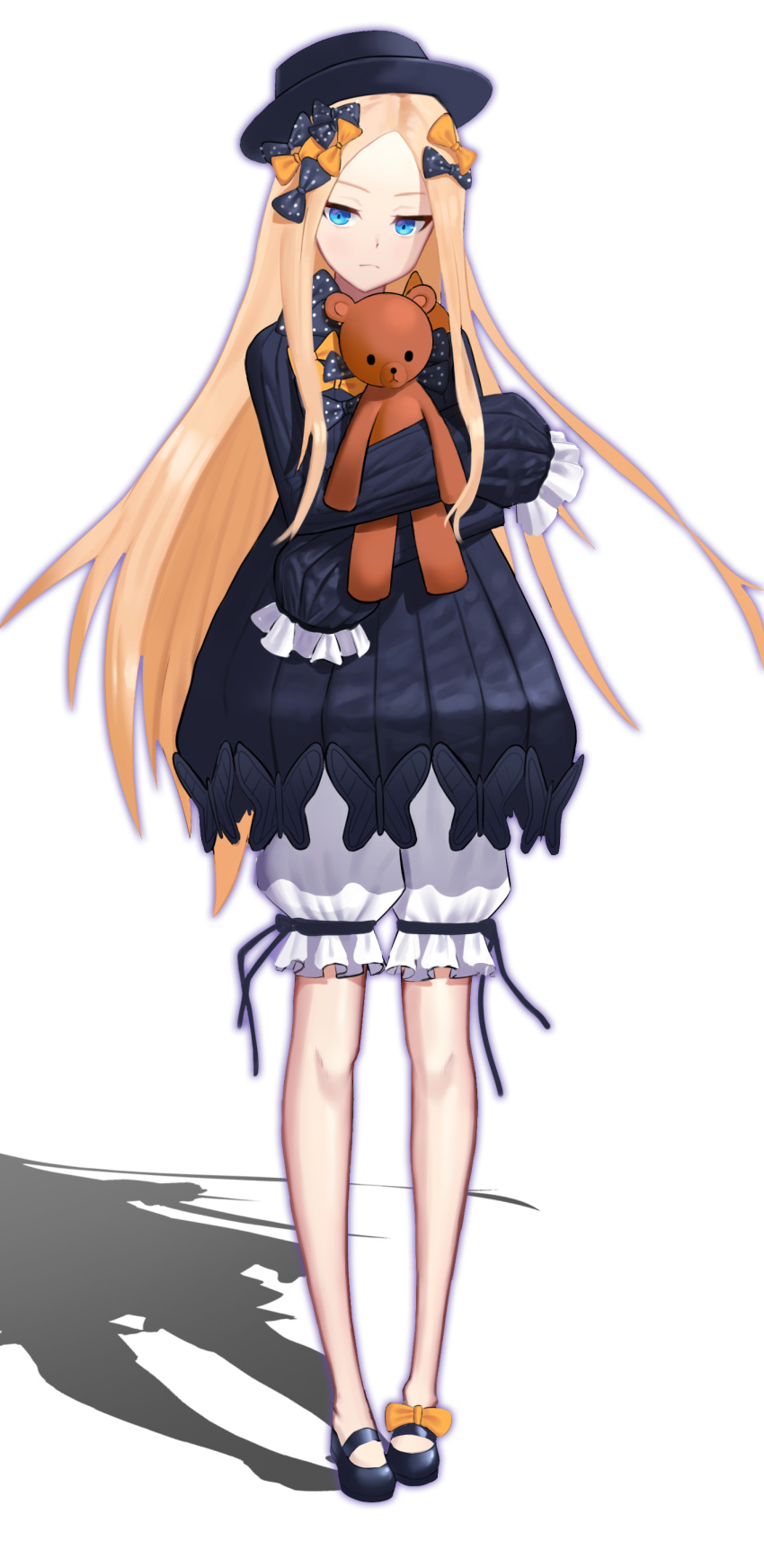 1girl abigail_williams_(fate/grand_order) absurdres bangs black_bow black_headwear blonde_hair blue_eyes bow commentary_request dress fate/grand_order fate_(series) forehead hair_bow hat highres jjw1029 long_hair long_sleeves looking_at_viewer orange_bow parted_bangs polka_dot polka_dot_bow sleeves_past_fingers sleeves_past_wrists solo stuffed_animal stuffed_toy teddy_bear