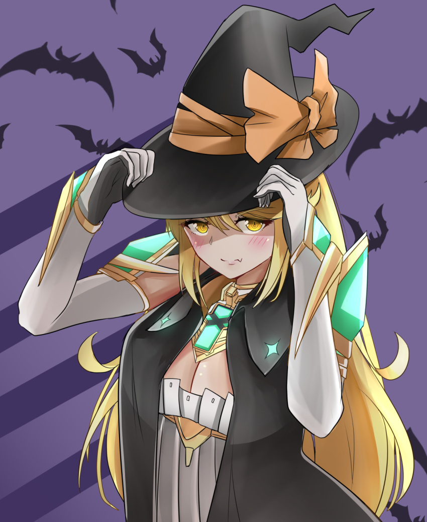 1girl alternate_costume blonde_hair breasts elbow_gloves gem gloves halloween hat highres mythra_(xenoblade) large_breasts long_hair looking_at_viewer sarasadou_dan solo witch witch_hat xenoblade_(series) xenoblade_2 yellow_eyes