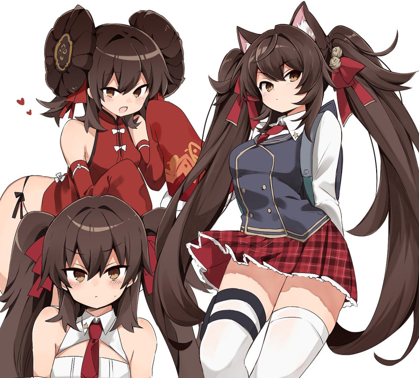 1girl animal_ears backpack bag bangs bare_shoulders bell black_panties blush breasts brown_eyes brown_hair cat_ears china_dress chinese_clothes closed_mouth detached_sleeves double_bun dress girls_frontline hair_between_eyes heart long_sleeves multiple_views murakami_meishi necktie open_mouth panties qbz-97_(girls_frontline) red_dress red_neckwear red_skirt ribbon school_uniform sidelocks skirt sleeves_past_fingers sleeves_past_wrists solo thigh-highs twintails underwear white_background white_legwear