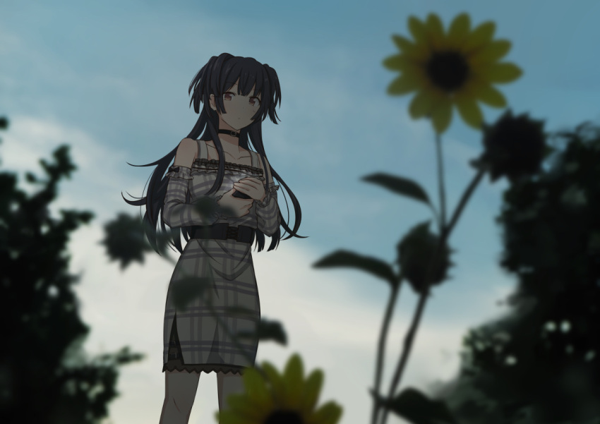 1girl black_bow black_hair blush bow bra_strap brown_eyes closed_mouth collar collarbone day detached_sleeves expressionless eyebrows_visible_through_hair idolmaster idolmaster_shiny_colors long_hair long_sleeves looking_at_viewer mayuzumi_fuyuko outdoors sakeharasu solo