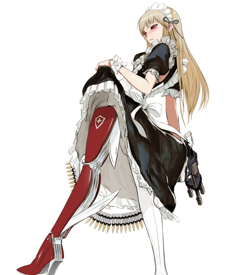 1girl blonde_hair blush bullet closed_mouth clothes_lift dress dress_lift frown gun high_heels highres holding holding_gun holding_weapon knife long_hair maid maid_headdress original pink_lips red_eyes rupid79 simple_background solo standing swiss_army_knife thigh-highs weapon white_background white_legwear