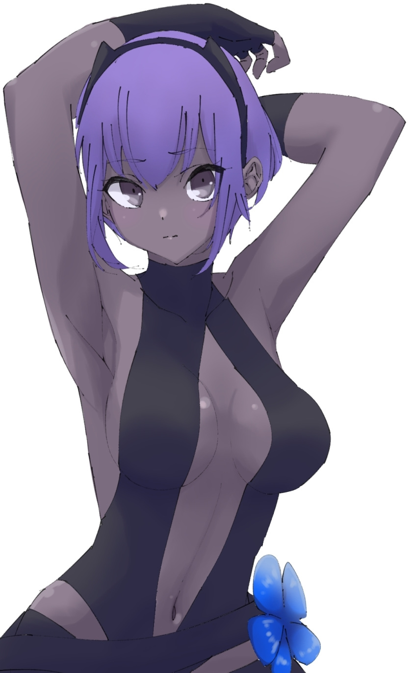1girl armpits arms_behind_head arms_up bangs bare_shoulders black_eyes black_gloves black_hairband black_leotard breasts center_opening closed_mouth dark_skin fate/prototype fate/prototype:_fragments_of_blue_and_silver fate_(series) fingerless_gloves flower gloves grey_skin hair_between_eyes hairband hassan_of_serenity_(fate) highres large_breasts leotard looking_at_viewer navel niwaikanai purple_hair short_hair simple_background solo white_background