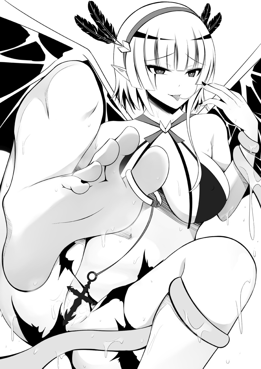 absurdres bare_shoulders barefoot bat_wings bikini_top breasts feathers feet halloween headband highres jewelry large_breasts legs monochrome nail_polish original otono_fei ring short_hair toenail_polish wet wings