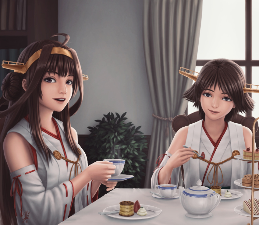 2girls a_rokhman ahoge black_eyes bookshelf brown_hair cup curtains dessert detached_sleeves double_bun flipped_hair food hairband headgear hiei_(kantai_collection) highres holding holding_cup holding_saucer kantai_collection kongou_(kantai_collection) multiple_girls nontraditional_miko open_mouth realistic ribbon-trimmed_sleeves ribbon_trim saucer short_hair signature smile spoon table teacup teapot window