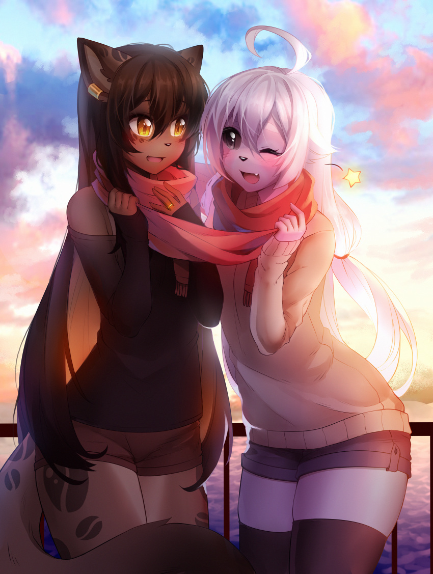 2girls :d ;d absurdres ahoge animal_ears bangs beige_sweater black_eyes black_legwear black_shorts blush brown_hair brown_shorts clouds coff collaboration commentary cowboy_shot dark_skin ear_clip facial_mark fang furry grey_sclera hair_between_eyes hair_flaps highres huge_filesize iwbitu-sa jewelry long_hair looking_at_another low-tied_long_hair multiple_girls nyopu one_eye_closed open_mouth original outdoors railing red_scarf ring russian_commentary scarf shared_scarf short_shorts shorts sleeves_past_wrists smile star sunset tail thigh-highs very_long_hair water wedding_band white_hair yellow_eyes