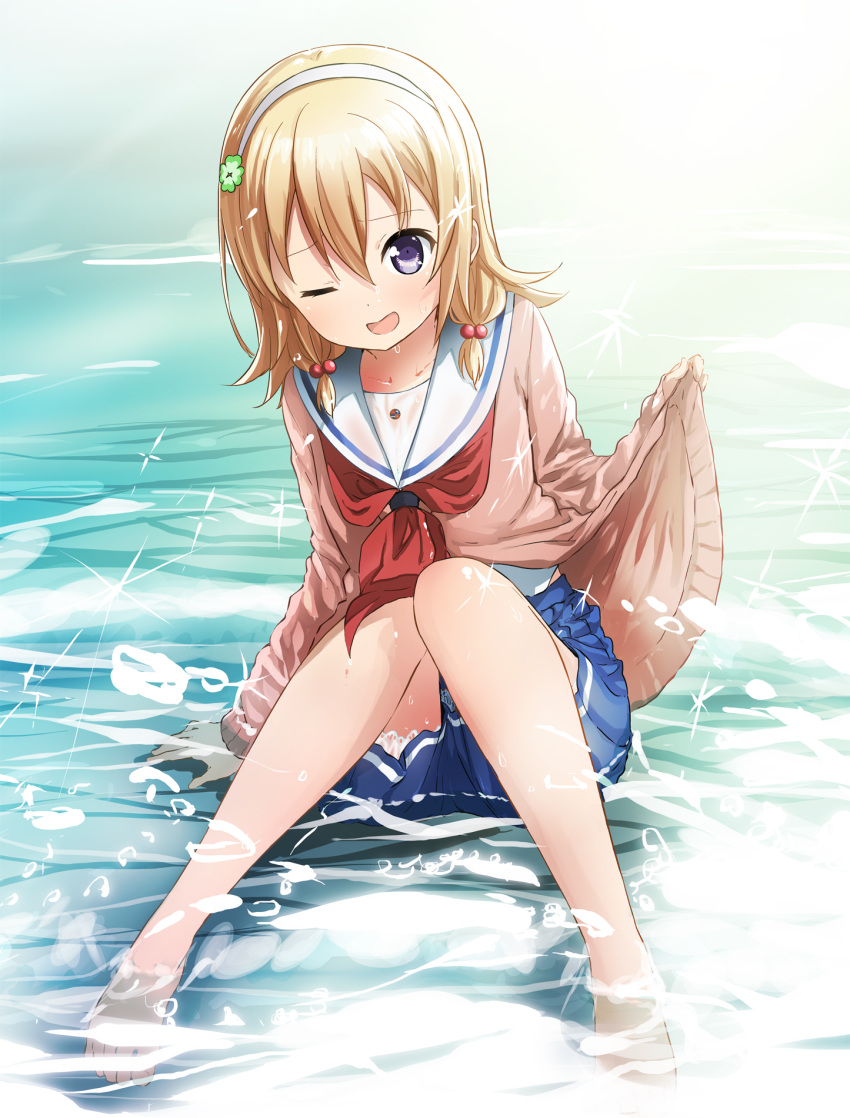 1girl ;d abe_kanari barefoot blonde_hair blue_eyes blue_skirt clover_hair_ornament collarbone eyebrows_visible_through_hair hair_between_eyes hair_bobbles hair_ornament hairband high_school_fleet highres long_hair long_sleeves miniskirt neckerchief one_eye_closed open_mouth pink_sweater pleated_skirt red_neckwear sailor_collar school_uniform serafuku shiny shiny_hair sitting skirt smile soaking_feet solo sweater wakasa_reo wet_sweater white_hairband white_sailor_collar