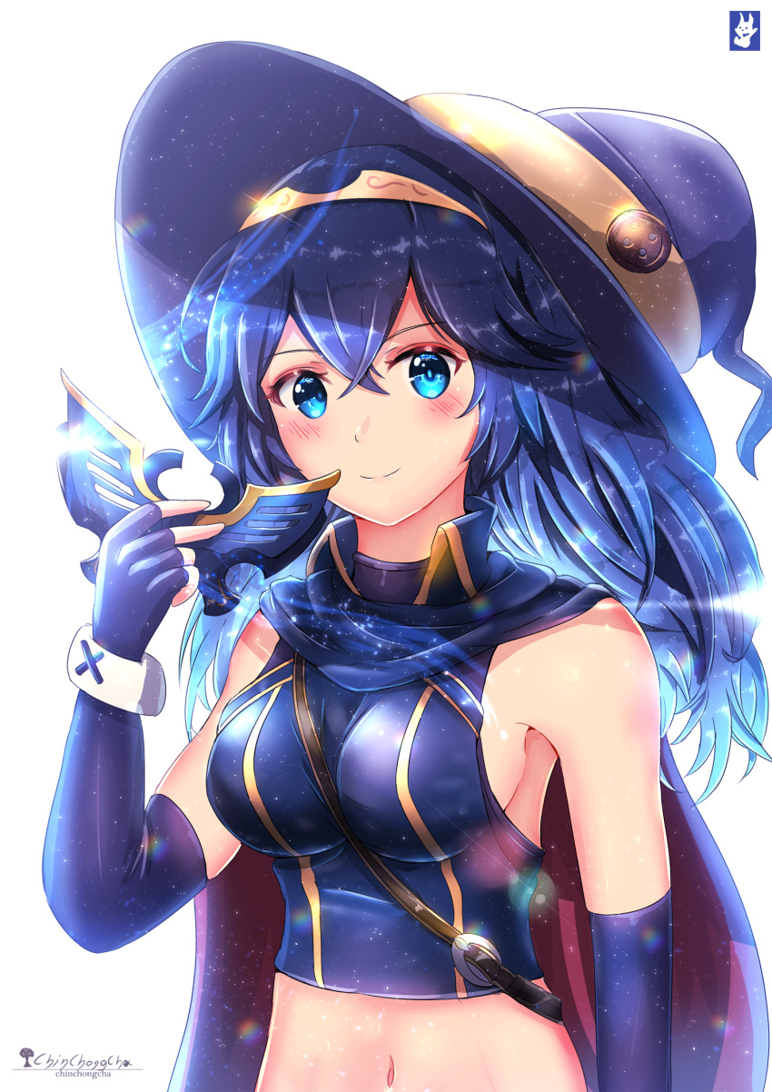 1girl adapted_costume alternate_costume artist_logo artist_name between_breasts blue_eyes blue_gloves blue_hair blue_headwear blush breasts cape chinchongcha crop_top elbow_gloves fire_emblem fire_emblem_awakening glint gloves hair_between_eyes halloween hat highres long_hair looking_at_viewer lucina lucina_(fire_emblem) mask medium_breasts midriff navel removing_mask sideboob simple_background smile solo strap_between_breasts symbol-shaped_pupils tiara upper_body white_background witch_hat