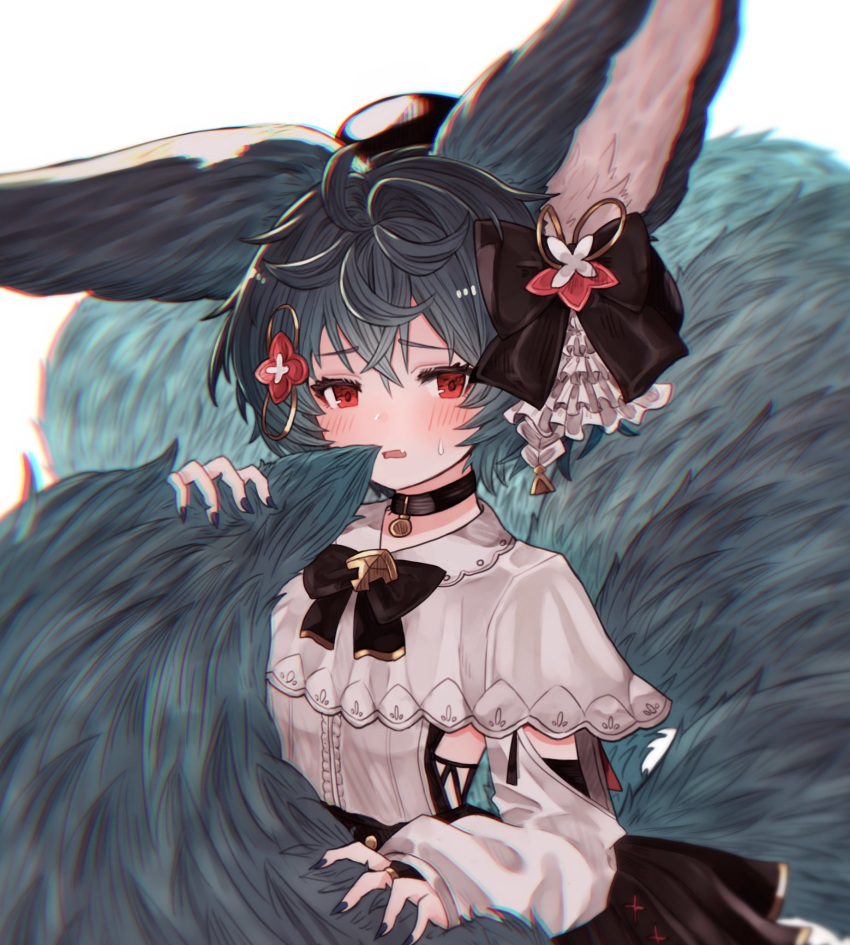 animal_ears backless_outfit blue_hair blush choker dress erune fox_ears fox_girl fox_tail granblue_fantasy hair_ribbon highres large_tail multiple_tails ribbon rice_tea short_hair tail you_(granblue_fantasy)