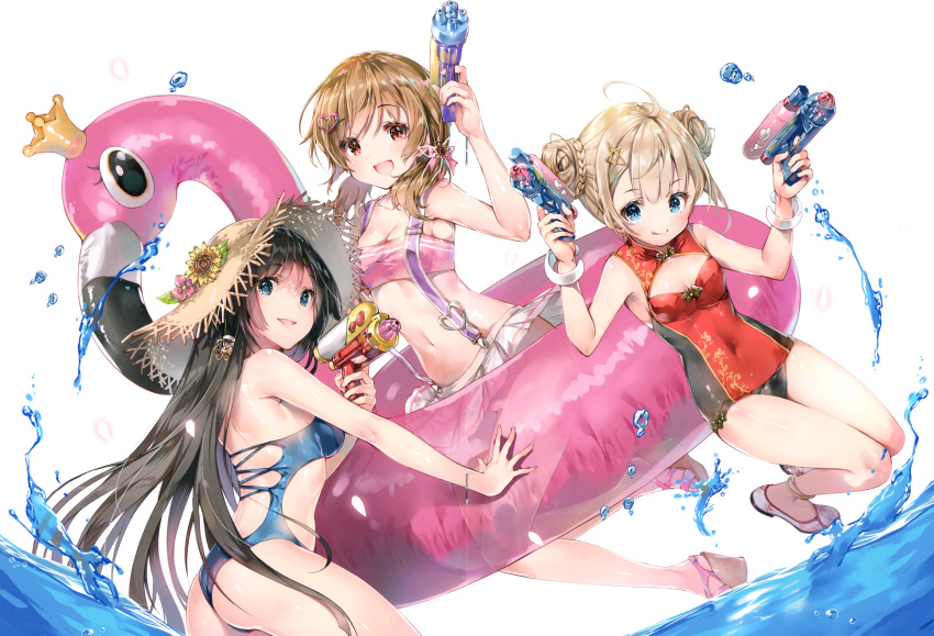 3girls absurdres ahoge ass bangs bare_shoulders bikini_skirt black_hair blue_eyes blush bracelet breasts brown_eyes brown_hair collarbone covered_navel double_bun dual_wielding eyebrows_visible_through_hair hair_ornament hairclip hat highres holding huge_filesize innertube jewelry long_hair looking_at_viewer looking_back low_twintails medium_breasts miwabe_sakura multiple_girls navel one-piece_swimsuit open_mouth original sandals scan see-through shiny shiny_clothes shiny_hair shiny_skin short_twintails simple_background skirt small_breasts smile stomach straw_hat suspender_skirt suspenders swimsuit tongue tongue_out twintails water water_drop water_gun white_background