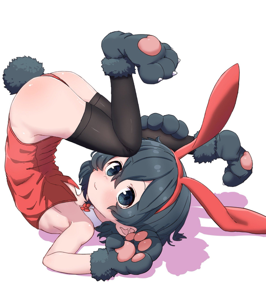 1girl animal_ears bare_shoulders blush bow bowtie bunny_girl bunny_tail bunnysuit fake_animal_ears gloves highres kaban_(kemono_friends) kemono_friends leotard nekonyan_(inaba31415) paw_gloves paw_shoes paws rabbit_ears shoes short_hair simple_background solo tail white_background wrist_cuffs