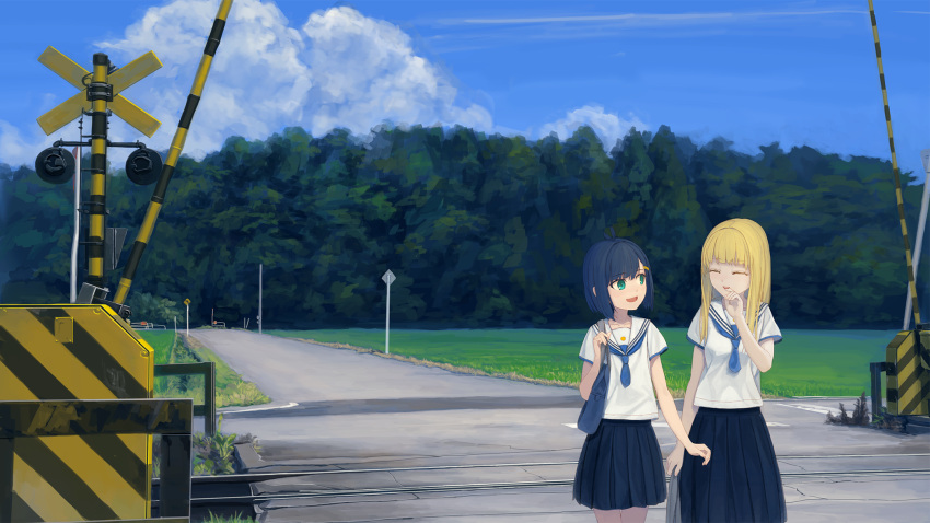 2girls antenna_hair aqua_eyes bag black_hair black_skirt blonde_hair blue_eyes blue_neckwear blush closed_eyes collarbone day duffel_bag facing_another grass hair_ornament hairclip highres long_hair looking_at_another multiple_girls neckerchief original outdoors parted_lips railroad_crossing railroad_signal railroad_tracks road road_sign sailor_collar scenery school_uniform short_hair short_sleeves sign skirt smile summer turu