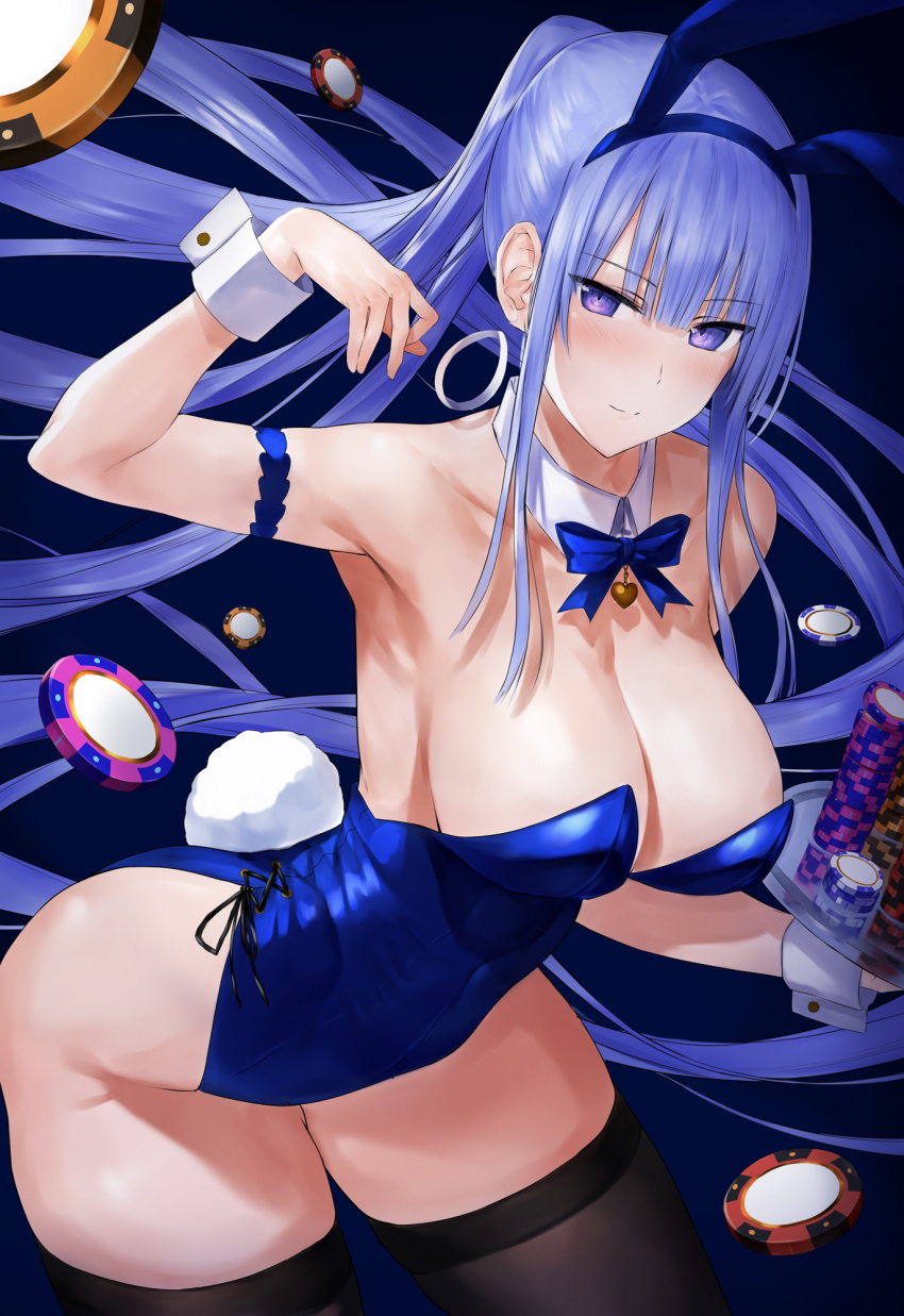 1girl akitaka_akita animal_ears armpits ass bangs bare_shoulders black_legwear blush bow bowtie breasts bunny_tail bunnysuit covered_navel detached_collar highres large_breasts long_hair looking_at_viewer original poker_chip ponytail purple_hair rabbit_ears simple_background smile solo tail thigh-highs very_long_hair violet_eyes wrist_cuffs