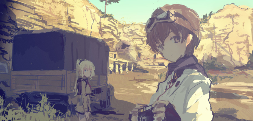 2girls absurdres backpack bag blonde_hair blurry brown_eyes brown_hair camera charlotte_lueder commentary depth_of_field desert fingerless_gloves gloves goggles goggles_on_head green_eyes ground_vehicle hair_ribbon high_ponytail highres iron_cross japanese_clothes kabuyama_kaigi katou_keiko long_hair looking_at_viewer medal military military_vehicle motor_vehicle multiple_girls muted_color necktie outdoors ribbon scarf shade short_hair sketch sky tree truck uniform world_witches_series