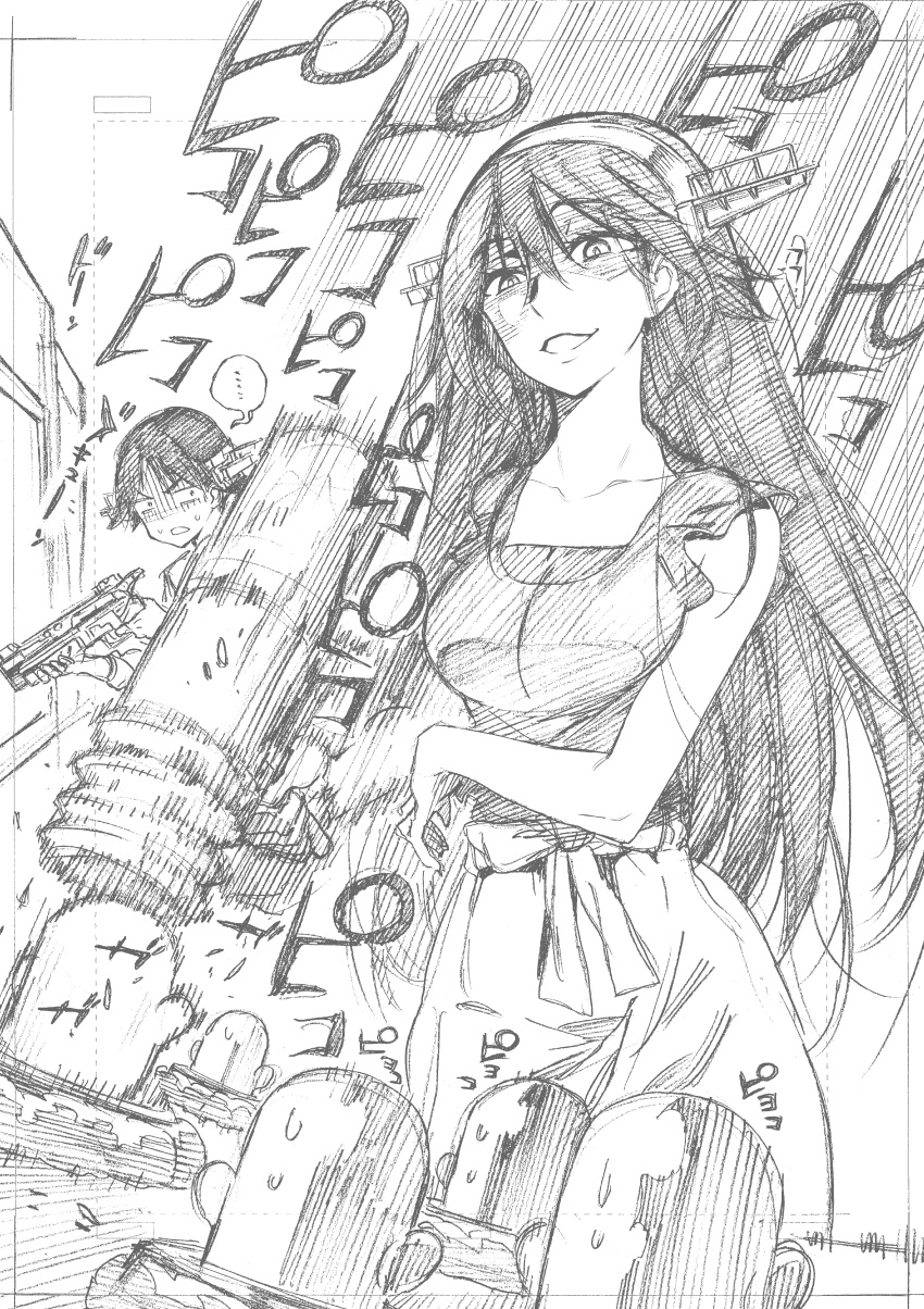 ... 2girls absurdres alternate_costume arcade casual evil_grin evil_smile gloom_(expression) graphite_(medium) greyscale grin haruna_(kantai_collection) hiei_(kantai_collection) highres kantai_collection kojima_takeshi light_gun long_hair looking_at_another looking_down mallet mole_(animal) monochrome multiple_girls narrowed_eyes parted_lips piko_piko_hammer playing_games shaded_face short_hair sketch smile sound_effects spoken_ellipsis traditional_media whac-a-mole worried