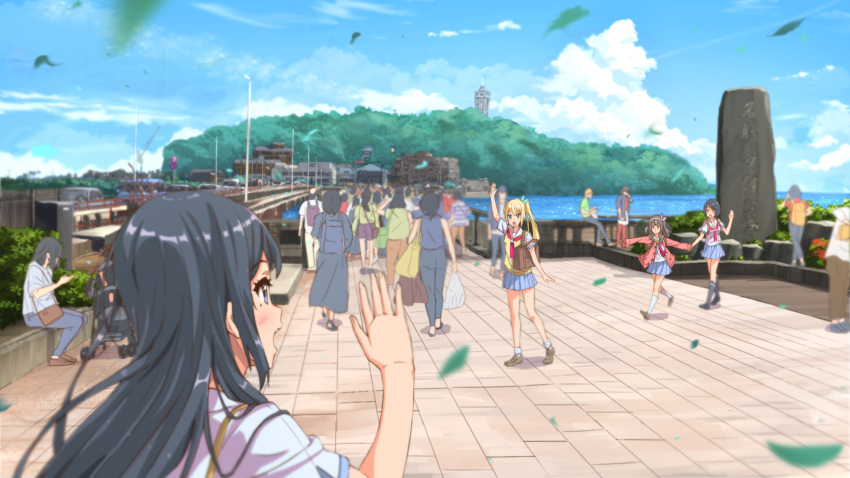 bangs black_hair blonde_hair blue_eyes blunt_bangs blurry blurry_background blush brown_eyes building cardigan commentary_request crowd day eyebrows_visible_through_hair ground_vehicle hairband highres holding_hands kazeno long_hair looking_at_another motor_vehicle multiple_boys multiple_girls open_mouth original outdoors pleated_skirt sailor_collar scenery school_uniform serafuku short_hair side_ponytail skirt sleeves_past_wrists smile sweater_vest tree waving wind